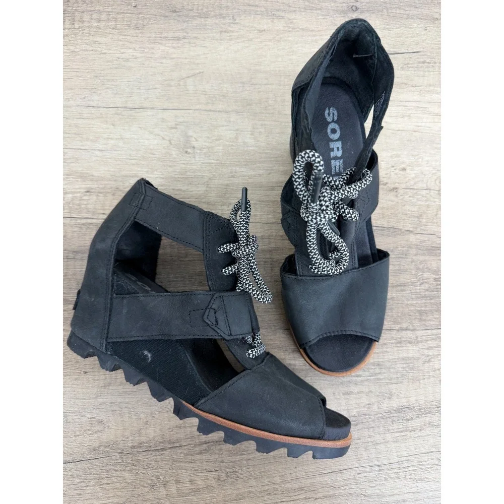 Sorel Joanie Lace Black Leather Wedge Sandals NL2453-010 Womens 8
